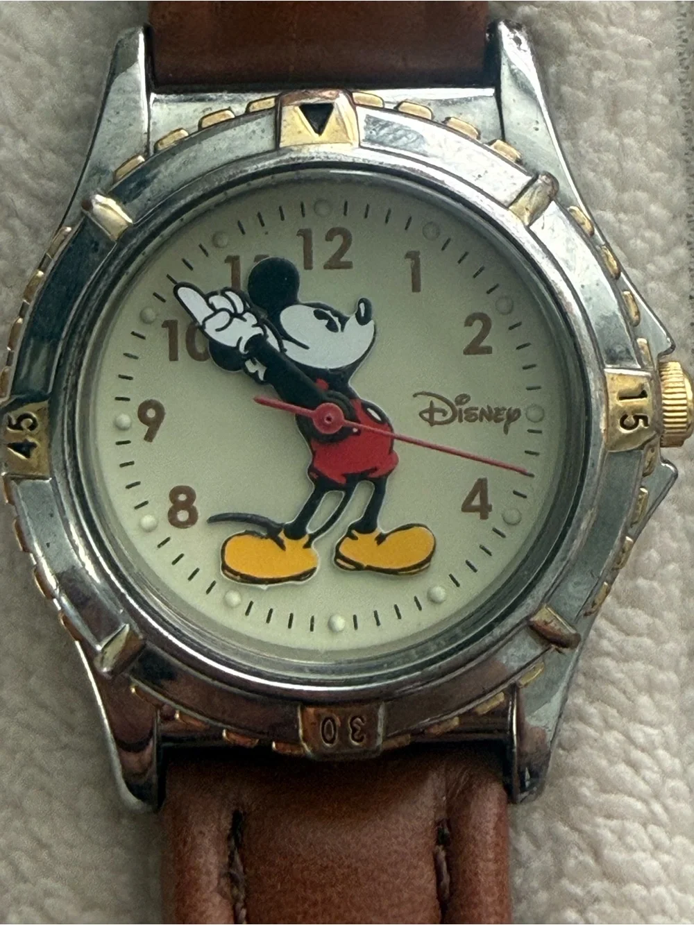 Vintage Disney Mickey Mouse Wristwatch With Brown Leather Band #MC0296